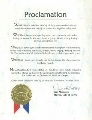 The City of Perry issued a Proclamation for a moment of silence for Jamie-Lynn on Saturday, October 24, at 1 p.m.